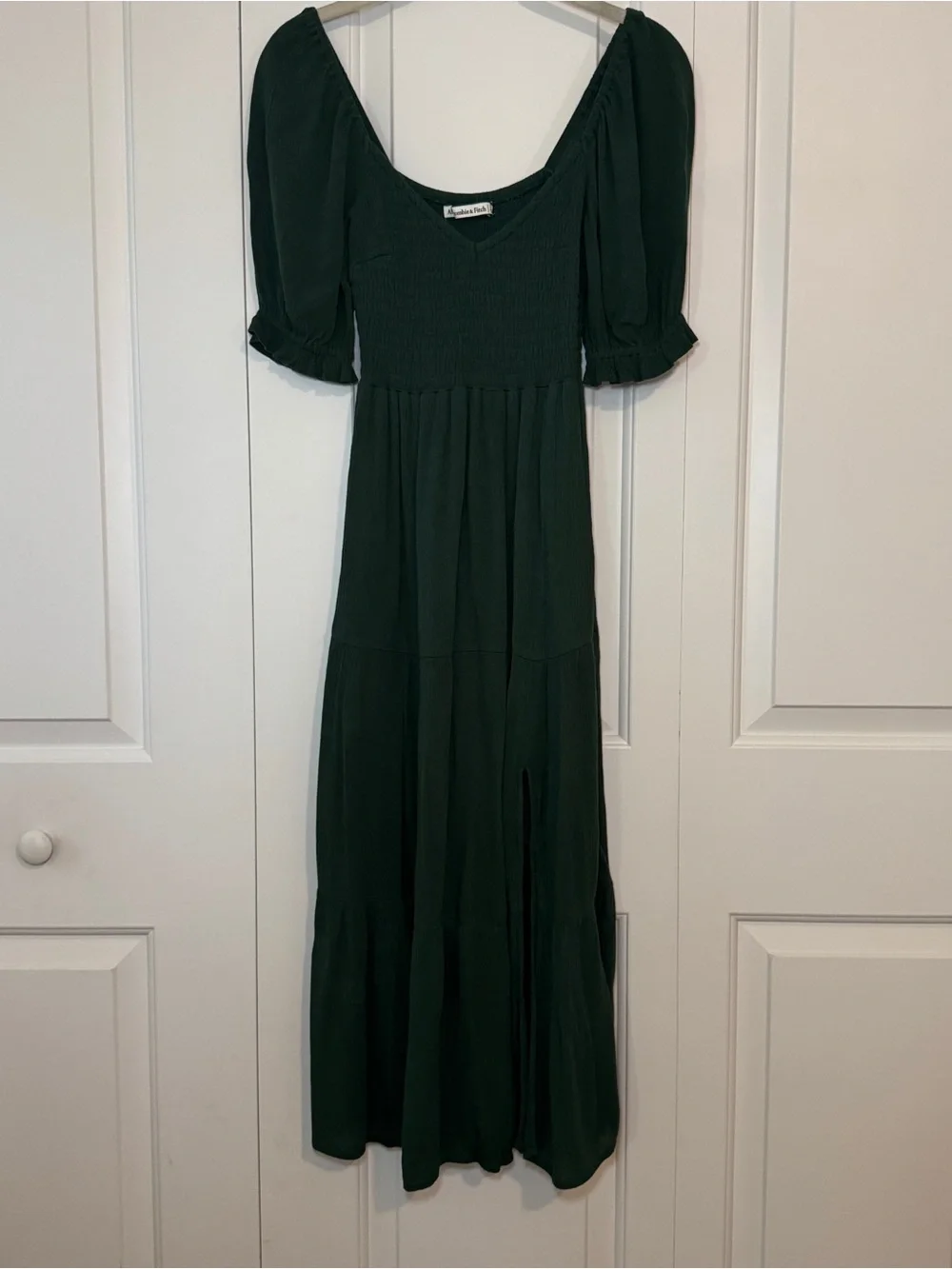 Abercrombie & Fitch Smocked Green Puff Sleeve Maxi Dress